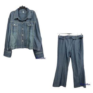 Vintage 90s Y2K Women Denim Pants Set Jacket Pants‎ Belt Flared Wide Leg 4X